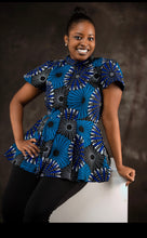 Load image into Gallery viewer, BLUE-PEPLUM AFRICAN PRINT TOP

